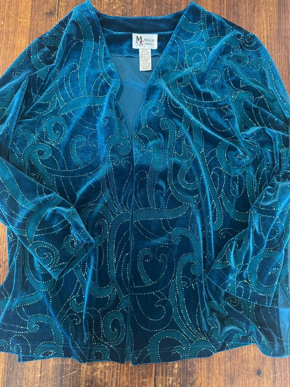 Maggy Sweet Teal Velvet Open-Front Blouse with Swirl Stud Detail